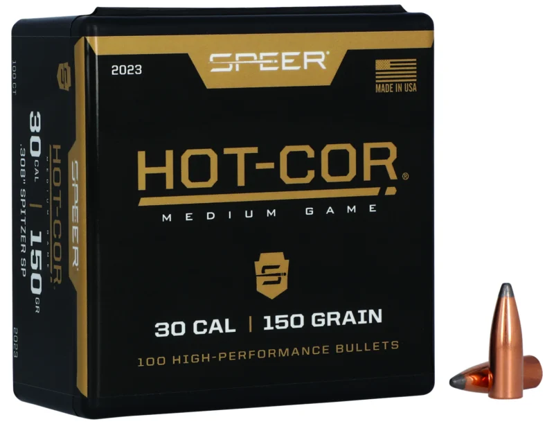 Speer Hot-Cor .30 Cal 150 gr Spitzer Soft Point bullets, 100 per box