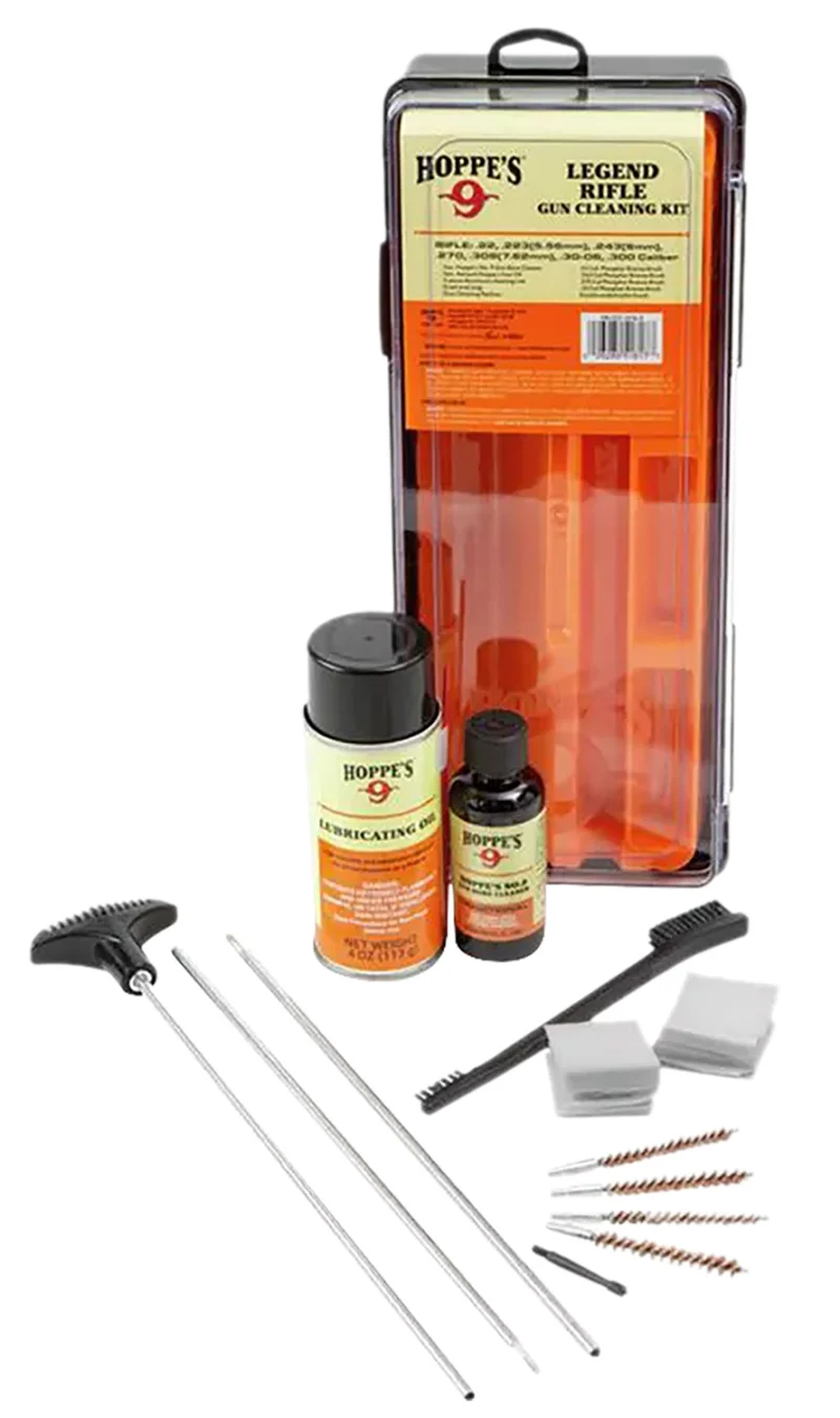 Hoppes UL17 Legend rifle cleaning kit contents: solvent, lubricating oil, nylon brush, patches, three-piece aluminum rod in p