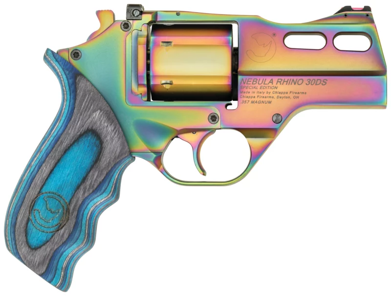 Chiappa Rhino 30 SAR Nebula 3in .357 Magnum revolver with Rainbow PVD finish and blue laminate grips