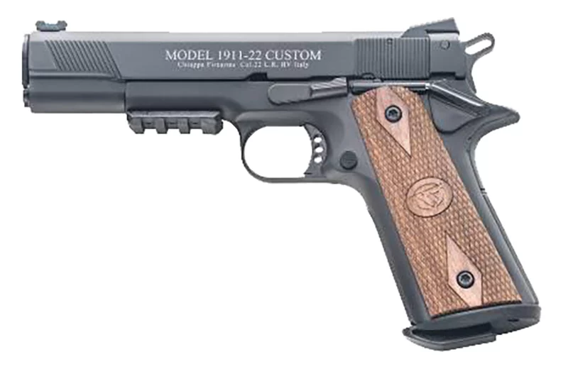 Chiappa 1911-22 Custom .22 LR 5 inch blued alloy pistol with stippled walnut grips
