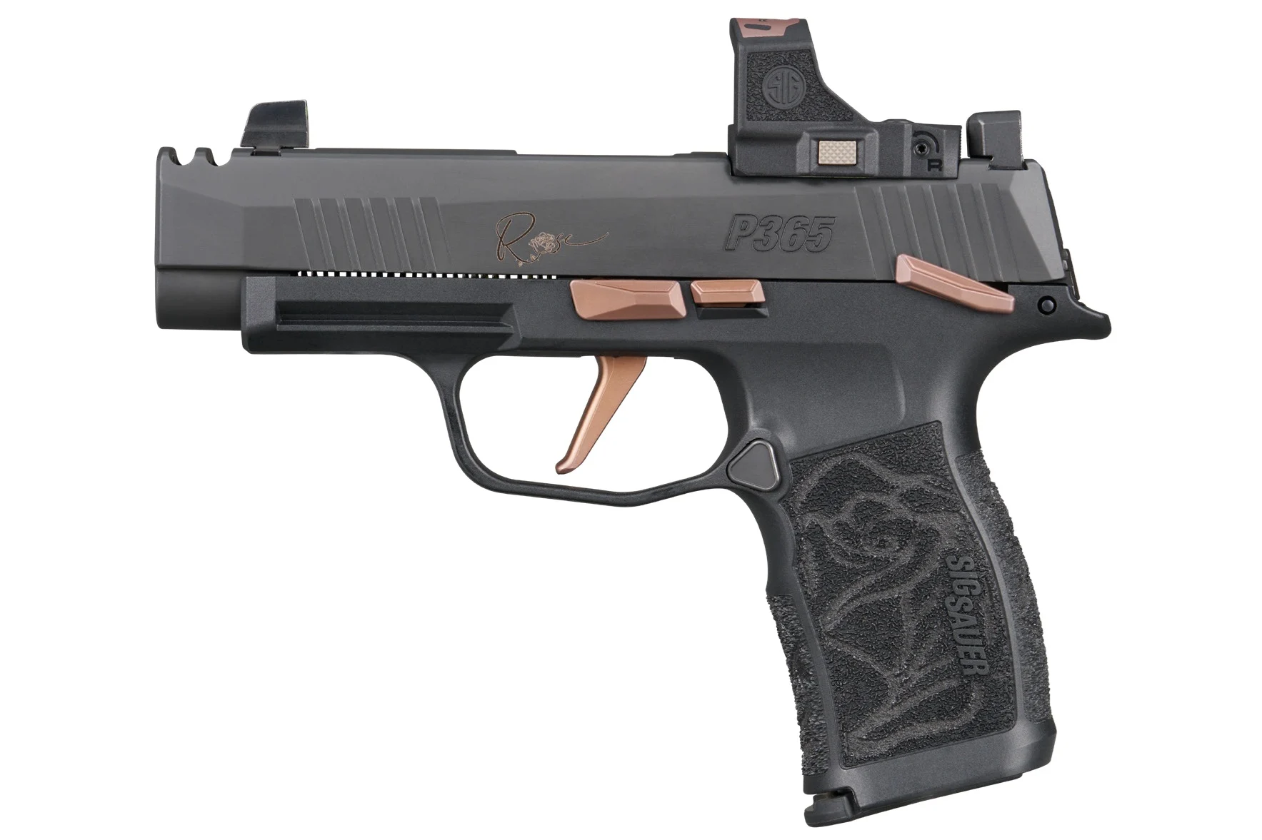 SIG Sauer P365 XL Rose 9mm pistol with Romeo-RS optic and rose-engraved grip