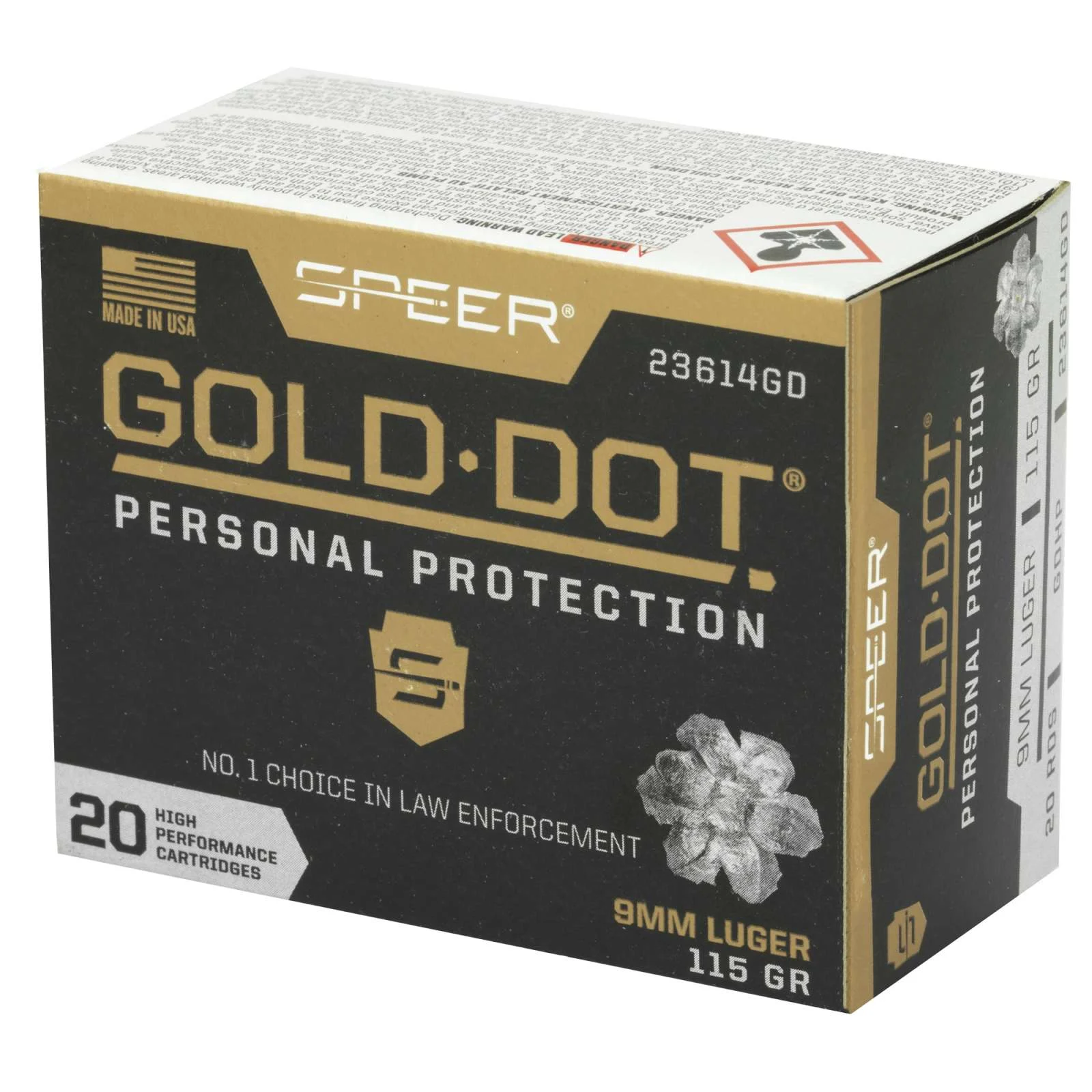 Speer Gold Dot 9mm 115 gr Hollow Point ammunition, 20 rounds per box