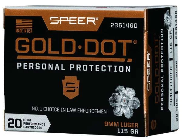 Speer Gold Dot 9mm 115 gr Hollow Point ammunition, 20 rounds per box