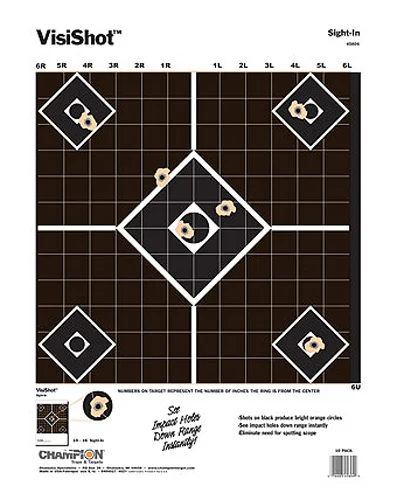 Champion VisiShot 13x18 sight-in target 10-pack showing diamond grid and bright orange impact rings