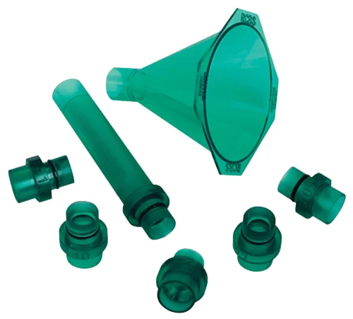 RCBS 9190 Quick Change Powder Funnel Kit green plastic funnel with adapters and 4-inch drop tube