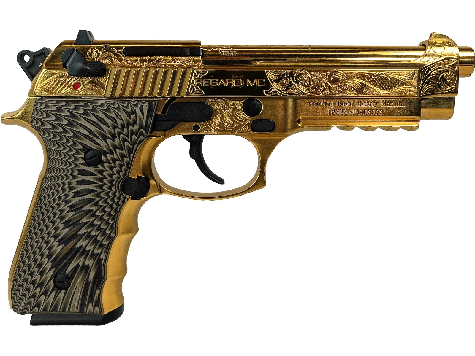 EAA Girsan Regard MC Deluxe gold engraved 9mm pistol with 4.9-inch barrel