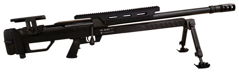 Steyr HS .50-M1 .50 BMG bolt-action rifle in black with adjustable chassis and muzzle brake