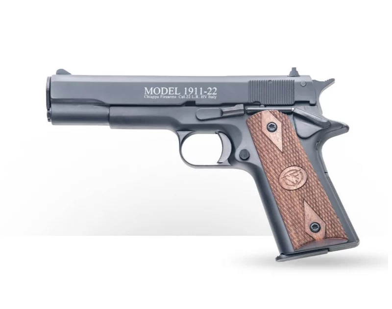 Chiappa 1911-22 .22 LR 5-inch blued pistol with stippled walnut grips and two 10-round magazines