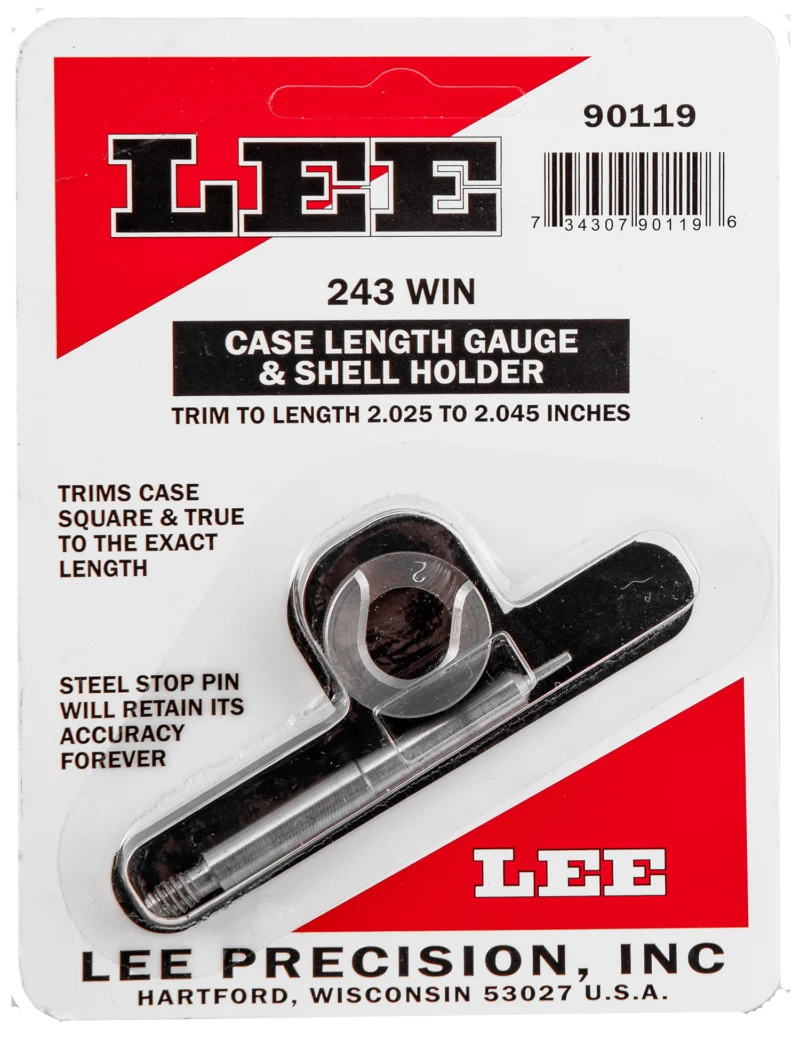 Lee Precision 90119 case length gauge and shell holder for .243 Winchester brass