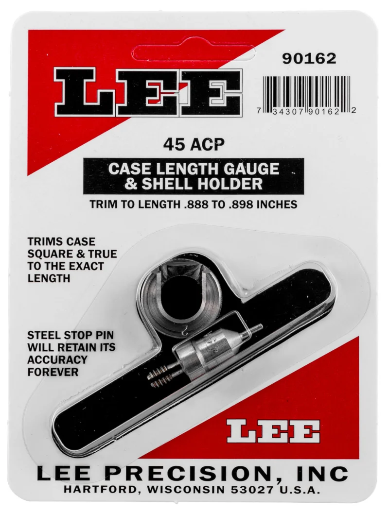 Lee Precision case length gauge and shell holder for .45 ACP, hardened steel trim gauge