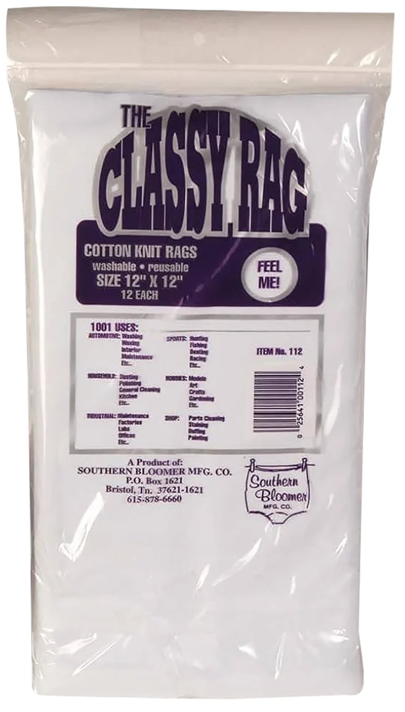 Southern Bloomer 12x12 100% cotton knit cleaning rags, 12 per bag, threadless