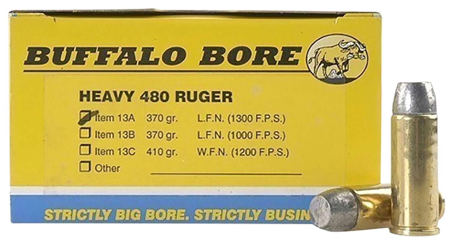Buffalo Bore .480 Ruger 370 gr lead flat nose ammunition box and cartridges