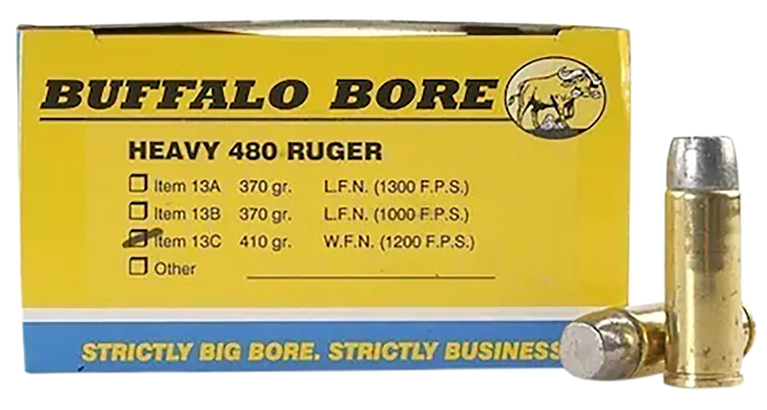 Buffalo Bore 13C20 .480 Ruger 410 gr Wide Flat Nose ammunition box and cartridges