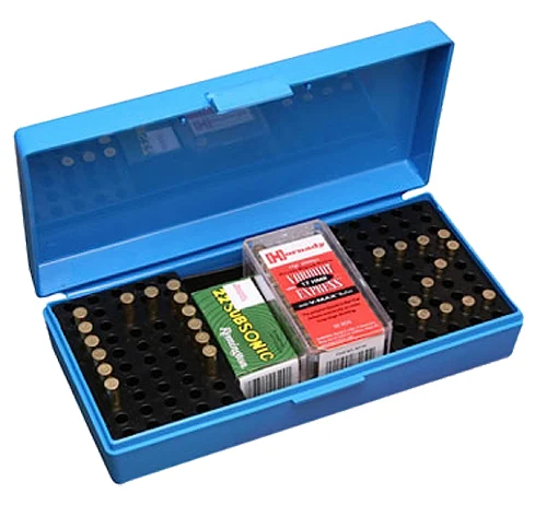 MTM SB-200 blue flip-top rimfire ammo box with fold-down handle and Snap-Lok latch