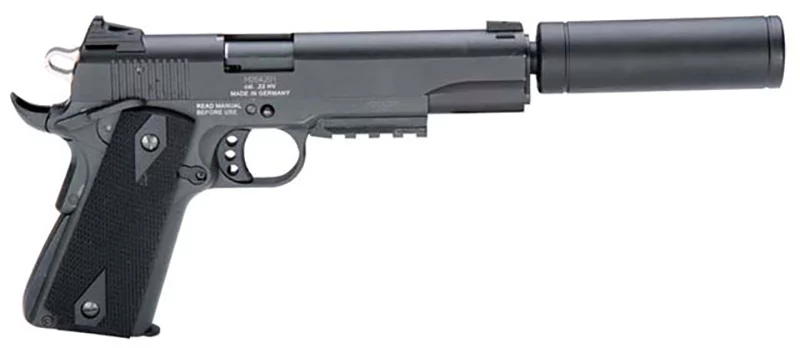 GSG 1911 ADOP .22 LR pistol in black with 5-inch threaded barrel and faux suppressor