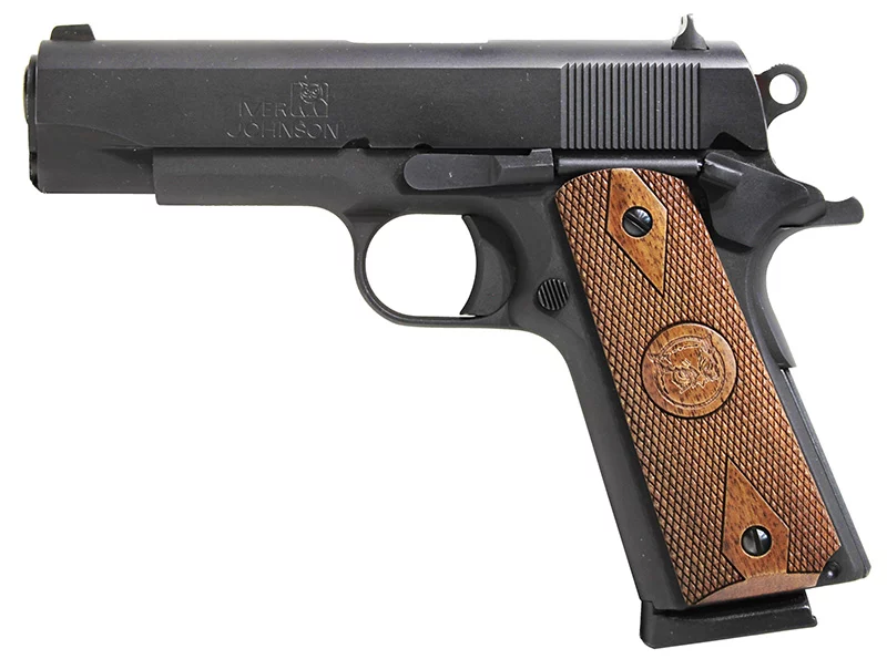 Iver Johnson Falcon Commander .45 ACP matte blued steel pistol with walnut grips