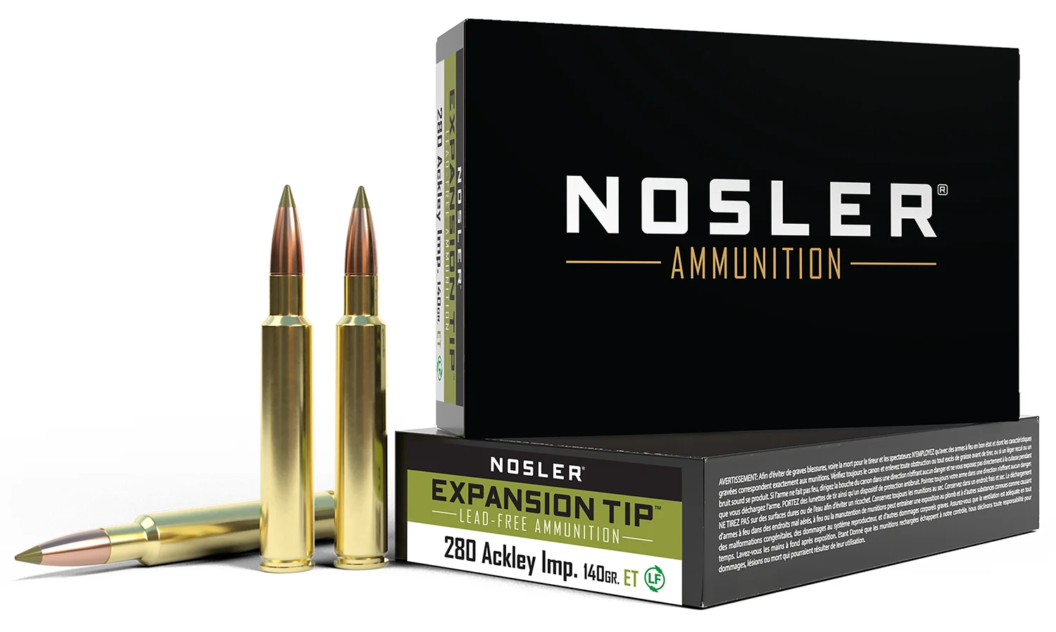 Nosler E-Tip .280 Ackley Improved 140 gr rifle ammunition box, 20 rounds