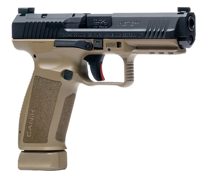 Canik METE SFT 9mm 4.46in FDE frame with black slide, two magazines and accessory kit