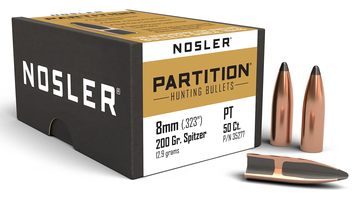 Nosler 8mm .323 200 gr Partition Spitzer bullets, 50 per box