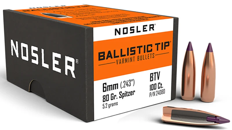 Nosler Ballistic Tip Varmint 6mm (.243) 80 gr spitzer boat-tail, purple polymer tip, 100 per box