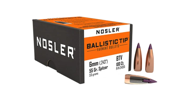 Nosler Ballistic Tip Varmint 6mm 55gr spitzer boat-tail bullets 100ct