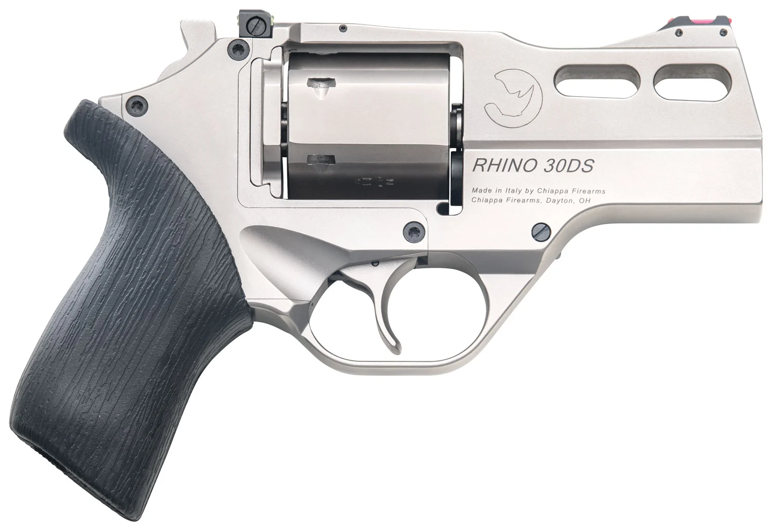 Chiappa Rhino 30SAR nickel 3-inch revolver with black rubber grip and fiber-optic front sight