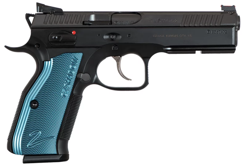 CZ Shadow 2 Black & Blue 9mm pistol with blue aluminum grips and three 17-round magazines