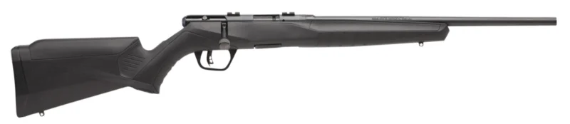 Savage B17F Compact bolt-action rifle with 18-inch blued button-rifled barrel and black synthetic stock