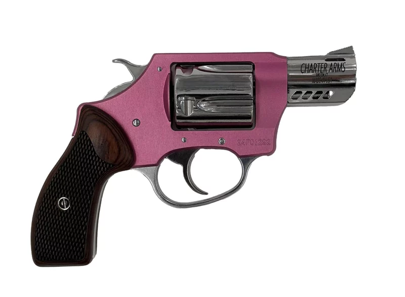 Charter Arms Coyote .380 ACP 2-inch pink revolver with rosewood checkered grips