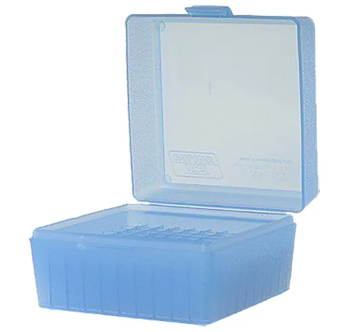 MTM RS-100 100-round clear blue flip-top rifle ammo box