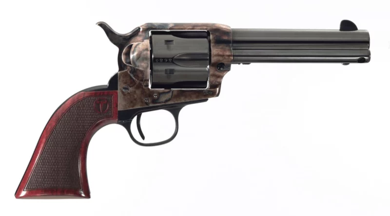 Taylors and Company Smoke Wagon Deluxe 4.75 inch .357 Magnum revolver, case-hardened frame, blued barrel, checkered walnut gr