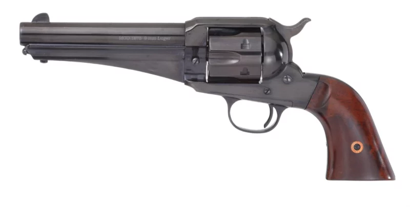 TAYLOR'S & COMPANY 1875 OUTLAW 9mm blued revolver with walnut grips, 5.5 inch barrel