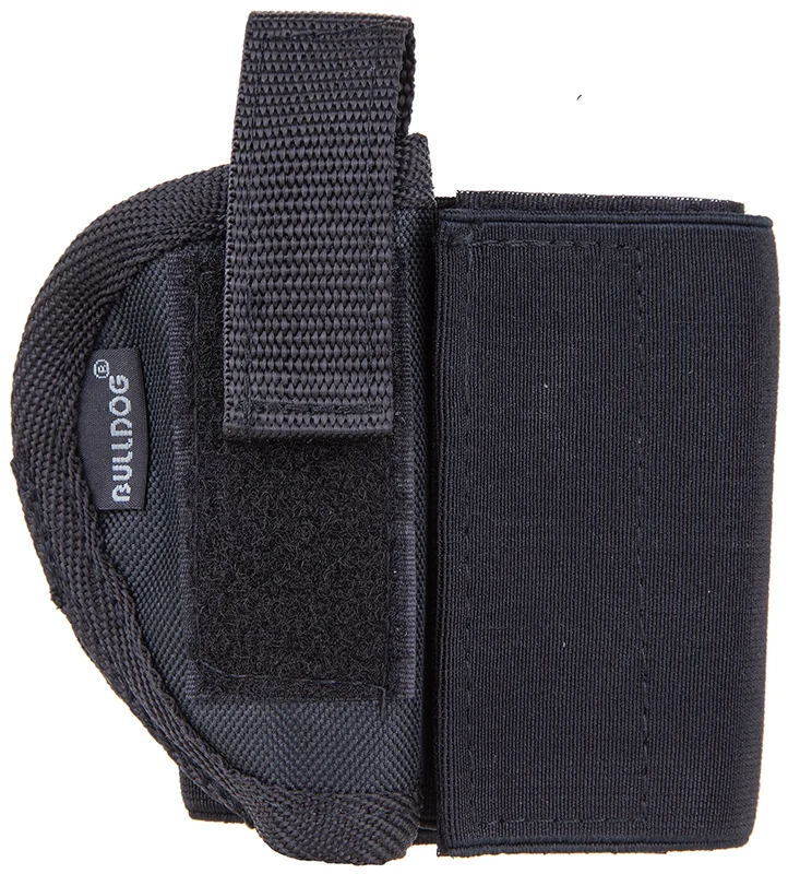 Bulldog right-hand ankle holster in black for mini semi-autos, elastic band with Velcro and adjustable thumb break