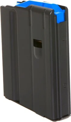 C Products Defense DuraMag stainless steel AR-15 magazine in black matte with blue follower