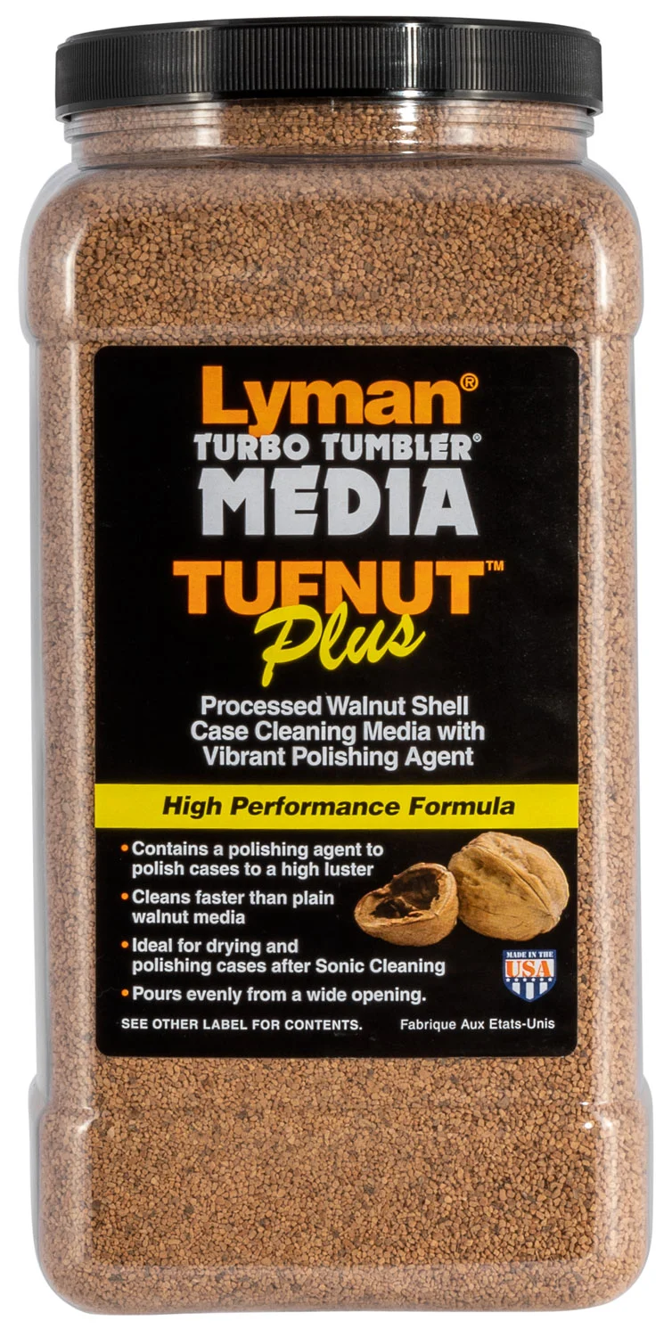 Lyman Turbo Tufnut treated walnut shell case cleaning media in easy-pour container