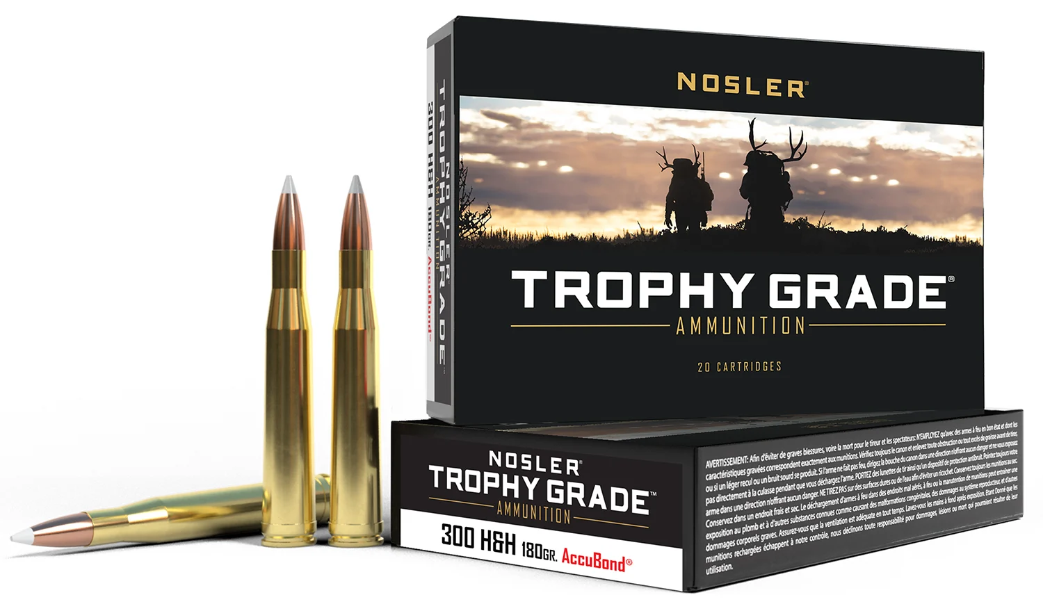 Box of Nosler Trophy Grade 300 H&H Mag 180 gr AccuBond rifle ammunition, 20 rounds