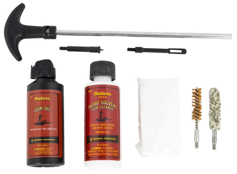 Outers 96416 pistol cleaning kit with aluminum rod, bronze brush, mop, patches and cleaning bottles