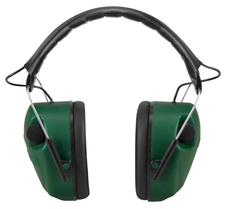 Caldwell E-Max electronic earmuffs in green and black, over-the-head with stereo microphones