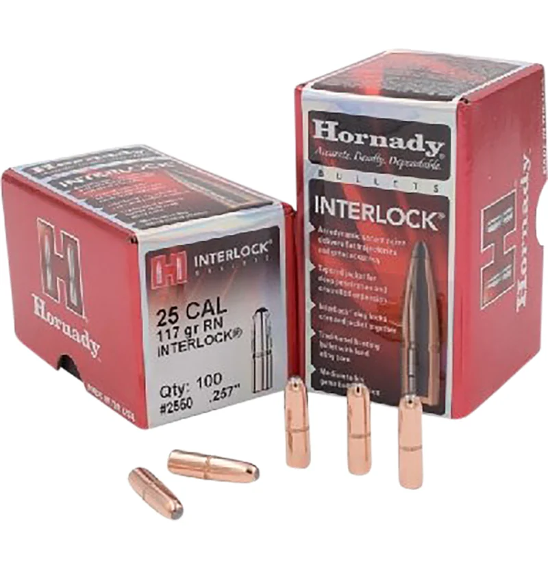 Hornady 2550 InterLock .25 Cal .257 117 gr Round Nose bullets, 100 per box