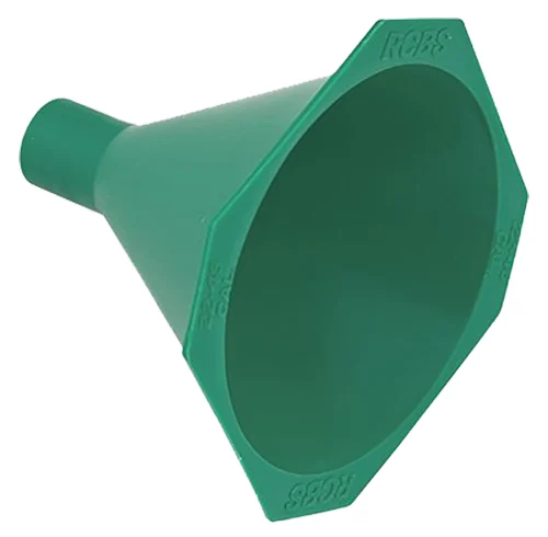 RCBS green plastic powder funnel with drop tube, anti-static surface, and WSM-compatible spout