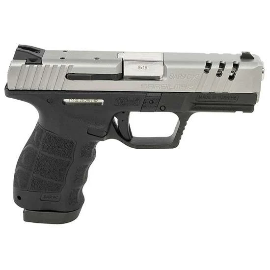 SAR9X Compact 9mm pistol with black polymer frame and stainless steel slide