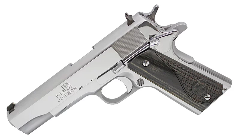 Iver Johnson 1911A1 .45 ACP 5" chrome pistol with black diamondwood grips
