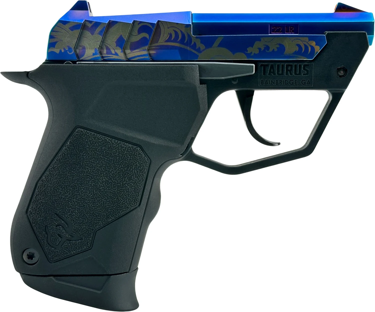 TAURUS 22TUC .22 LR pistol, Blue PVD engraved waves, black polymer frame, tip-up barrel, fixed sights
