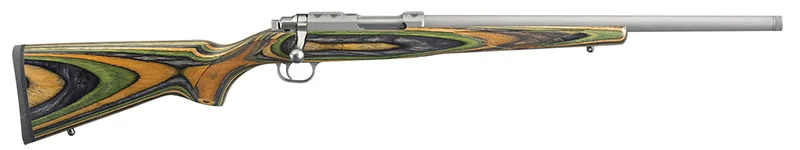 Ruger 77/22 .22 Hornet rifle with 18.5 inch threaded stainless barrel and Green Mountain laminate stock