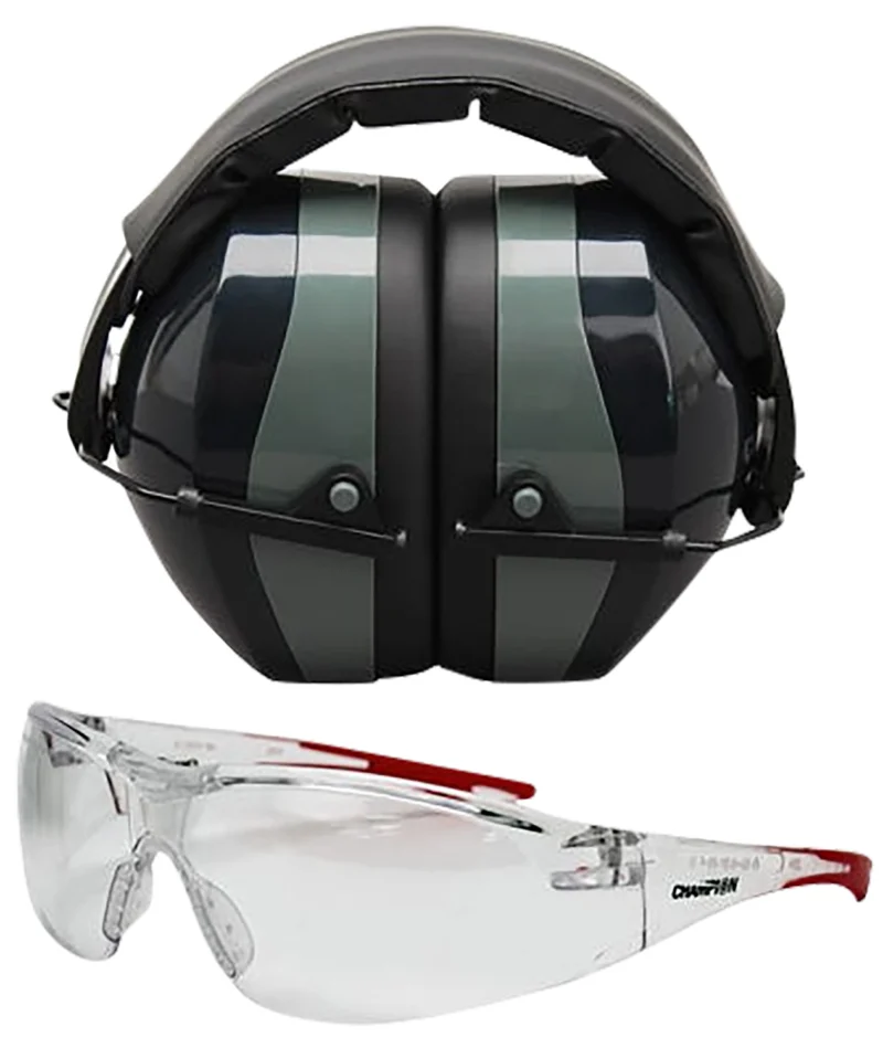 Champion Ballistic Eyes & Ears Combo black/gray with 26 dB NRR earmuffs and clear ballistic shooting glasses
