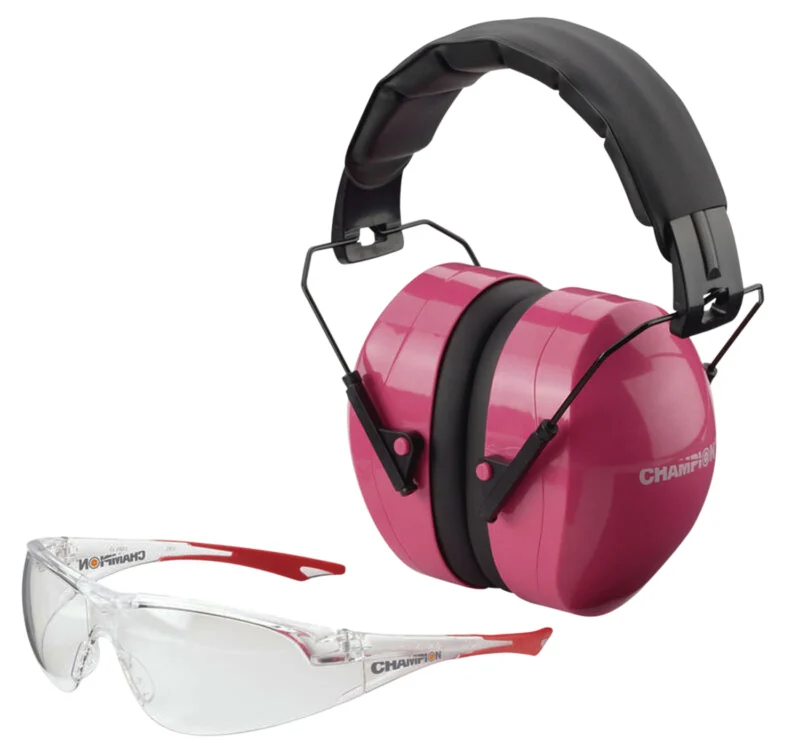 Champion Targets 40624 eyes and ears combo: 26 dB NRR earmuffs and ballistic-rated glasses, pink/black over-the-head