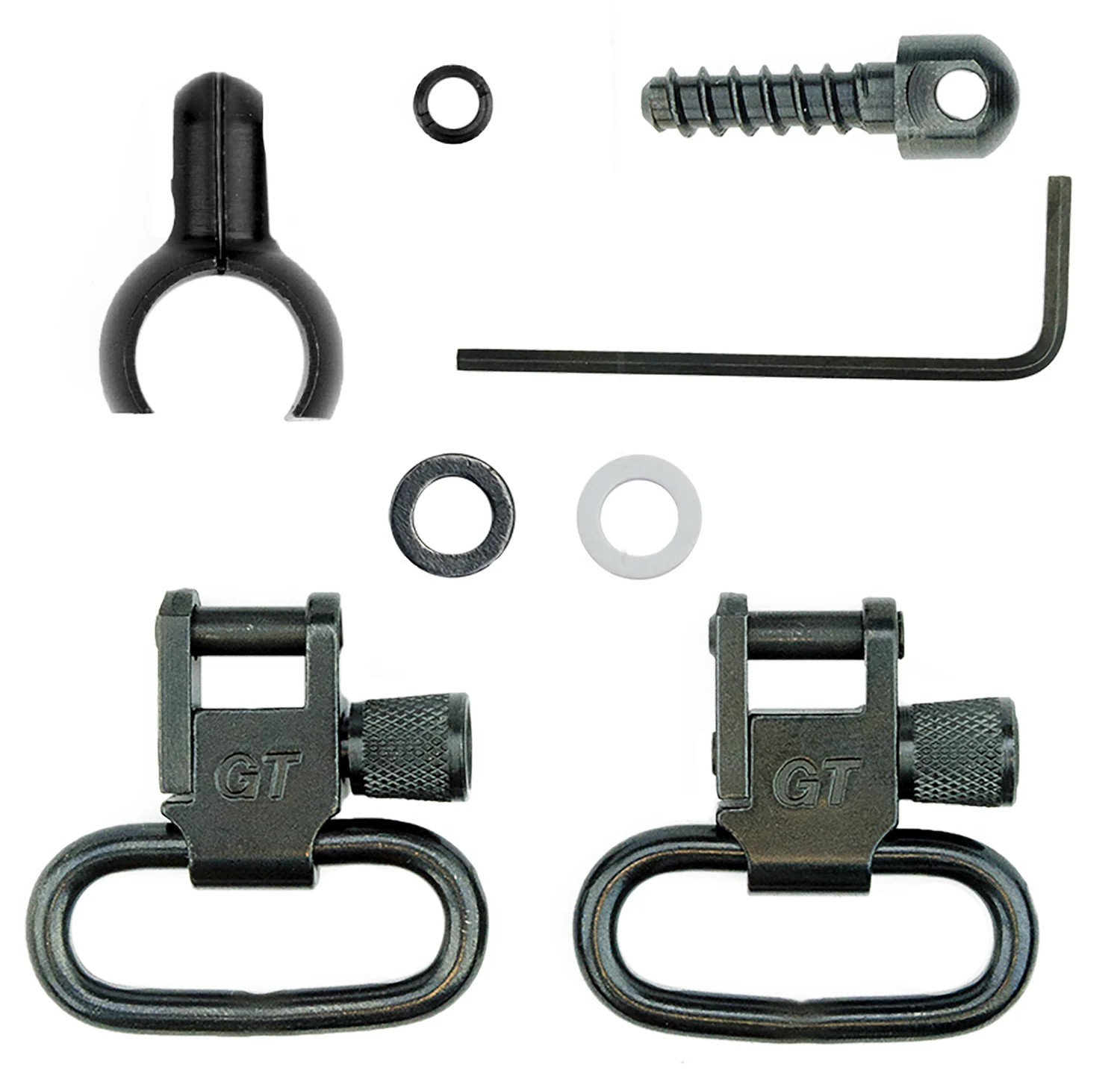 Grovtec two-piece barrel band swivel set .800-.850 inch tube diameter, 1 inch loop, black-oxide steel