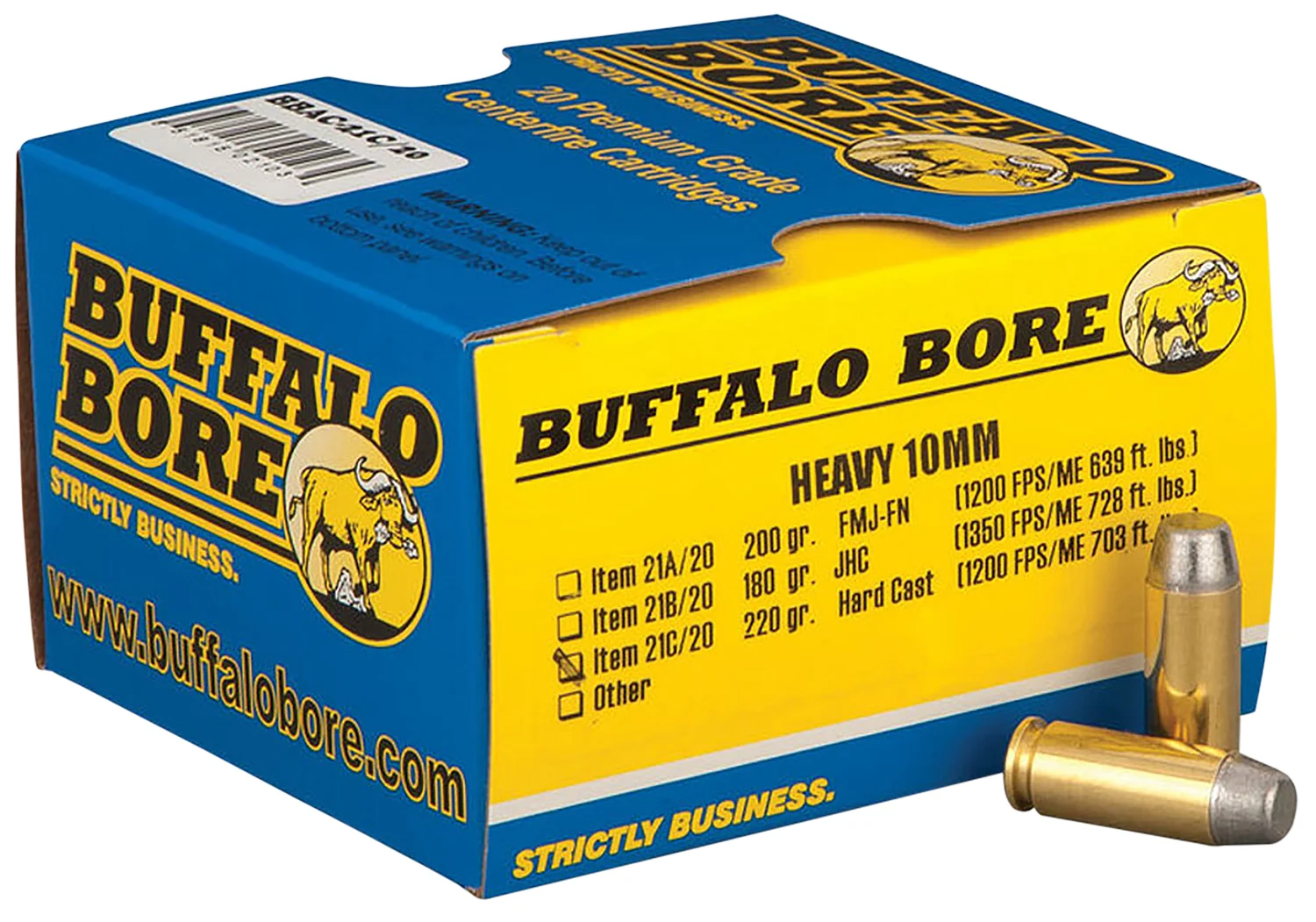 Buffalo Bore 10mm Auto 220gr Hard Cast Flat Nose ammunition box, 20 rounds