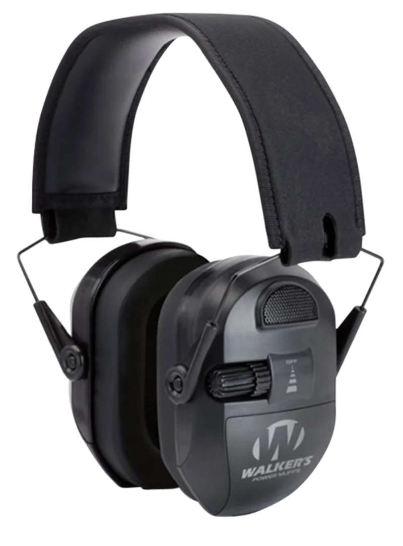 Walkers Ultimate Power Muff electronic ear muffs in black, over-the-head folding design