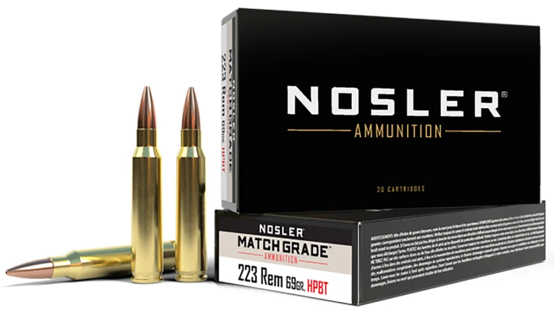 Nosler Match Grade .223 Rem 69 gr CC HPBT ammunition box, 20 rounds